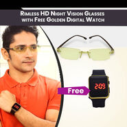 Rimless HD Night Vision Glasses With Free Golden Digital Watch (NVGW1)