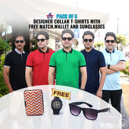 Pack of Designer Collar T-Shirts With Watch+Printed Wallet And Sunglass Free (5PTW9)