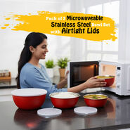 Pack of 3 Microwaveable Stainless Steel Bowl Set With Airtight Lids (3MB2)