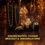 Golden Watch  + 2 Chain + Bracelet +  Maharaja Ring (MGW2CBR21)
