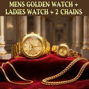 Mens Golden Watch + Ladies Watch + 2 Chain (MLGW2C3)