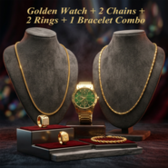 Golden Watch + 2 Chain + 2 Ring + Bracelet (MGW2C2RB2)