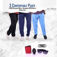 Pack Of 3 Comfortable Pants With Free  1 Watch + Aluminum Wallet + Sunglass (3SPT-9)