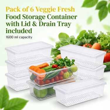 Pack of 6 Veggie Fresh Food Storage Container with Lid & Drain Tray (6VF1)
