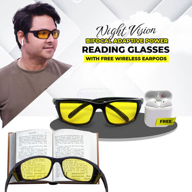 Night Vision Bifocal Adaptive Power Reading Glasses with Free Wireless Earpod (NBWP)