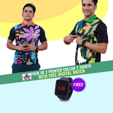 Pack of 2 Printed CollarT-shirts With Free Digital Watch (2PTW1)