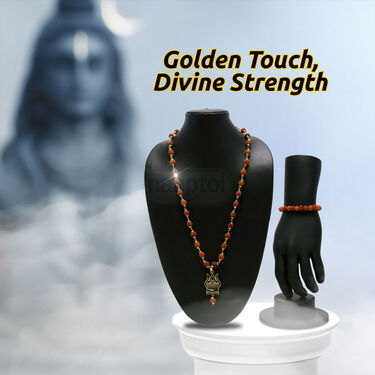 Golden 5 Mukhi Rudraksh Mala With Trishul Damru Pendant + Rudraksh  Bracelet (5RMRB2)