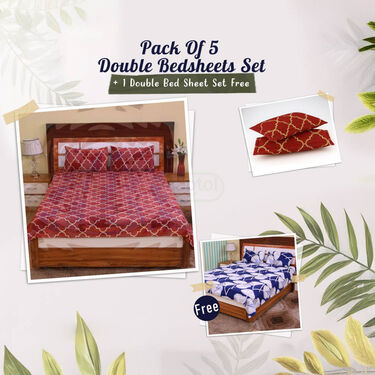 Pack Of 5 Double Bed Sheets Set + 1 Double Bed Sheet Set Free (5BS18+1)