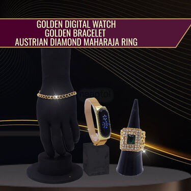Golden Digital Watch + 2 Chain + Bracelet + Golden Maharaja Ring (GDW2CBR3)