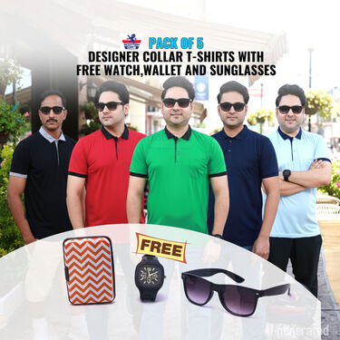Pack of Designer Collar T-Shirts With Watch+Printed Wallet And Sunglass Free (5PTW9)