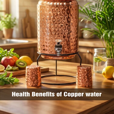 5 Ltr Copper Water Dispenser + 2 Glass & Stand with Free 300ml Copper Bottle (1CD5)