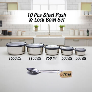 5 Stainless Steel Bowl + 5 Push & Lock Lid with Free Serving Spoon (10PL6)