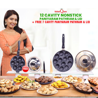 12 Cavity Nonstick Paniyaram Pathram & Lid + Free 7 Cavity Paniyaram Pathram & Lid (2AP2N)