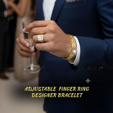 Golden Watch  + Chain + Designer Bracelet + Ring (MGWCBR16)