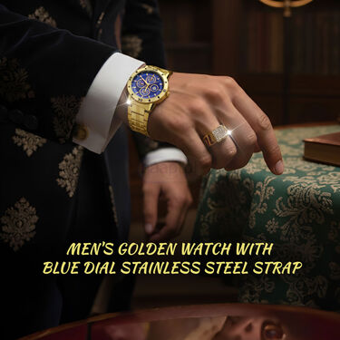 Golden Watch  + Chain + Designer Bracelet + Ring (MGWCBR16)