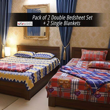 Pack of 2 Double Bedsheets Set + 2 Single Blankets (4FBS3)