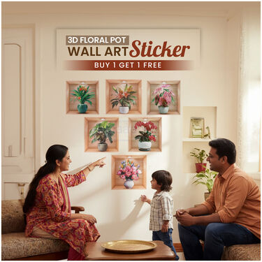 3D Floral Pot Wall Art Sticker B1 G1 Free(3DWS12)
