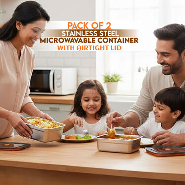 Pack of 2 Stainless Steel Microwavable Container With Airtight Lid (2SMC1)