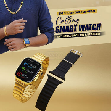 Big Screen Golden Metal Calling Smart Watch With Golden Chain And Bracelet (BCSW49)