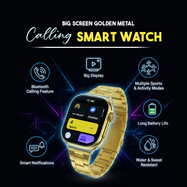 Big Screen Golden Metal Calling Smart Watch With Golden Chain And Bracelet (BCSW49)