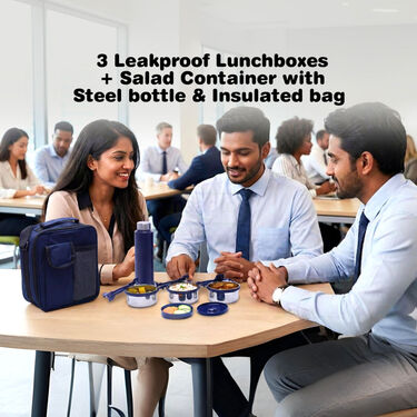 3 Leakproof Lunch Box + Salad Container With Colored Steel Bottle & Bag (3LBB1)