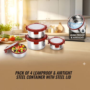 Pack of 4 Leakproof & Airtight Steel Container With Steel Lid (4SC1)