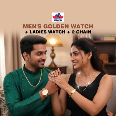 Mens Golden Watch + Ladies Watch + 2 Chain (MLGW2C2)