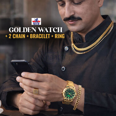 Golden Watch + 2 Chain + Bracelet +  Ring (MGW2CBR20)