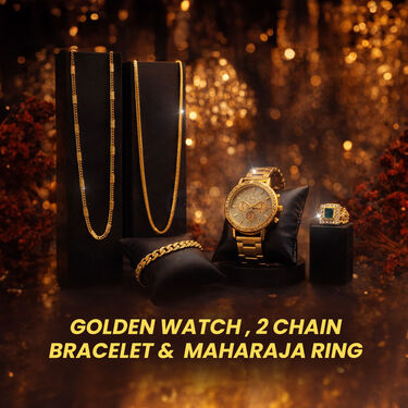 Golden Watch  + 2 Chain + Bracelet +  Maharaja Ring (MGW2CBR21)