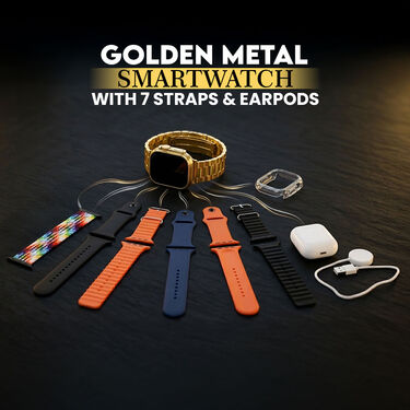 Golden Metal Smart Watch With 7 Straps And Earpods (BCSW60)