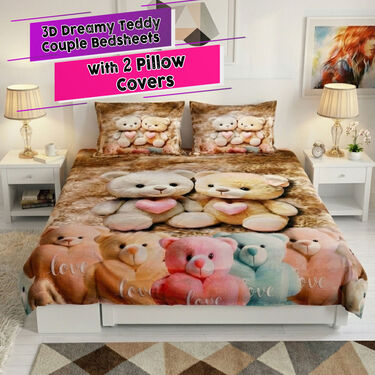 3d Dreamy Teddy Couple Bedsheets With 2 Pillow Covers (DBS37)