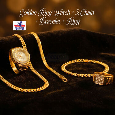 Golden Ring Watch + 2 Chain + Bracelet + Ring (GWR2CBR)