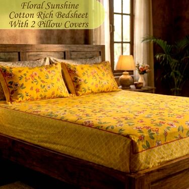 Floral Sunshine Cotton Rich Bedsheet With 2 Pillow Covers (DBS39)