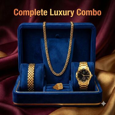 Golden Watch + Chain + Designer Bracelet + Ring (MGWCBR20)