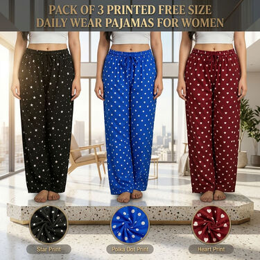 Pack of 3 Printed Free Size Daily Wear Pajamas For Women (3PW3)