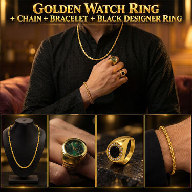 Golden Watch Ring + Chain + Bracelet + Black Designer Ring (GWRCBR)