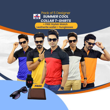 Pack Of 5 Summer Cool Collar T-Shirts + FREE Stylish Watch + Leatherite Wallet + Sunglasses (5PTW11)