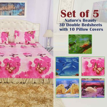 Set Of 5 - Nature's Beauty 3D Double Bedsheets With 10 Pillow Covers (5BS28)