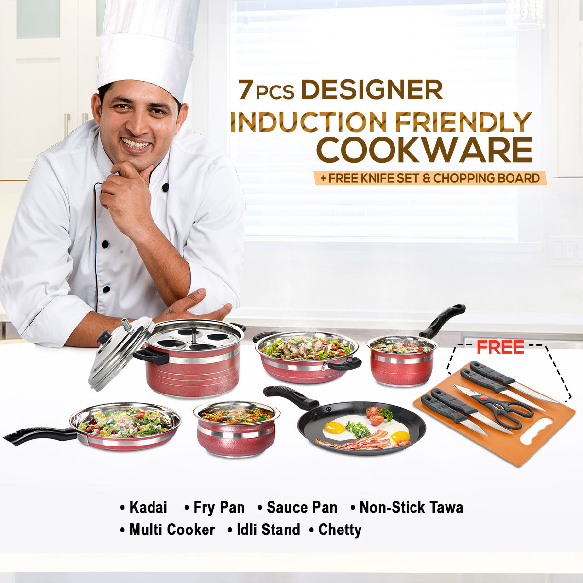 Buy 7 Pcs Designer Induction Friendly Cookware Set + Free Knife Set