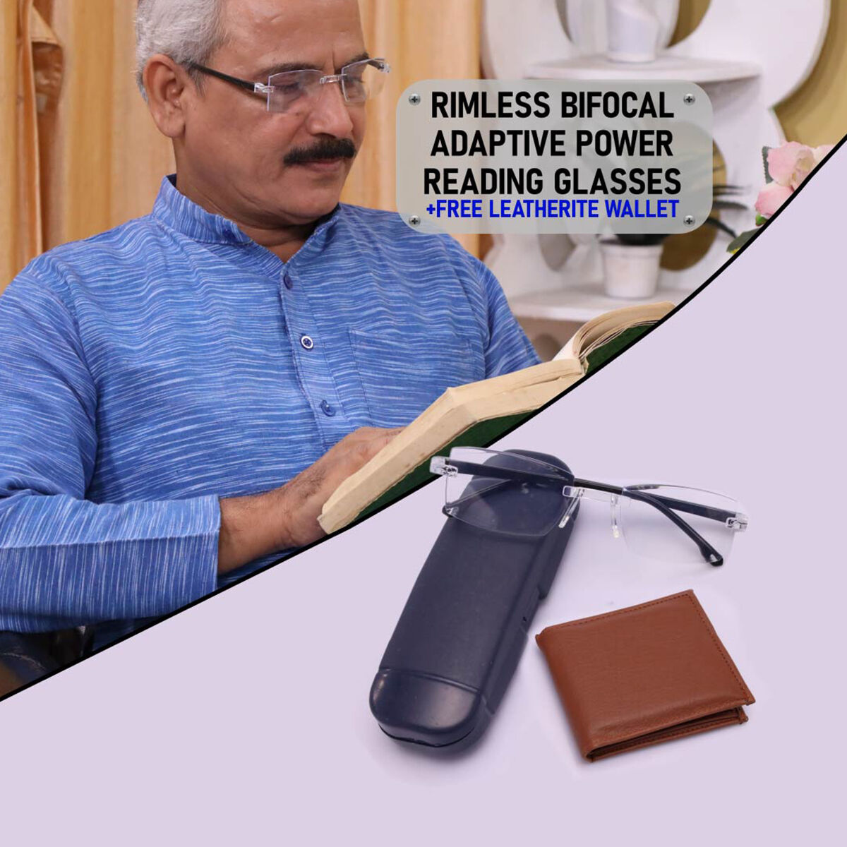Rimless Bifocal Adaptive Power Reading Glasses Free Leatherite Wallet  (BORG4LW)