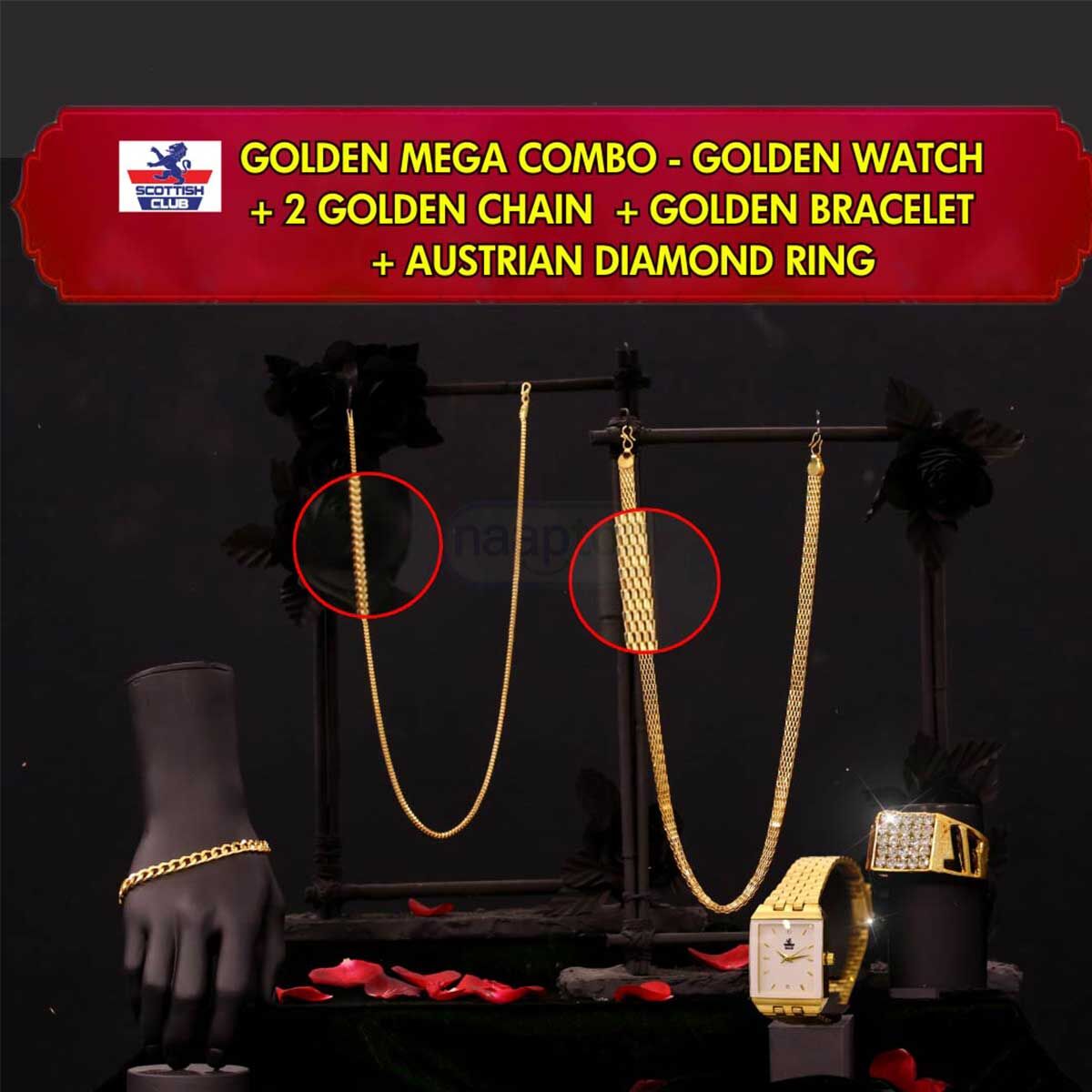 Buy Golden Watch + 2 Chain + Bracelet + Ring (MGW2CBR10) Online at Best ...