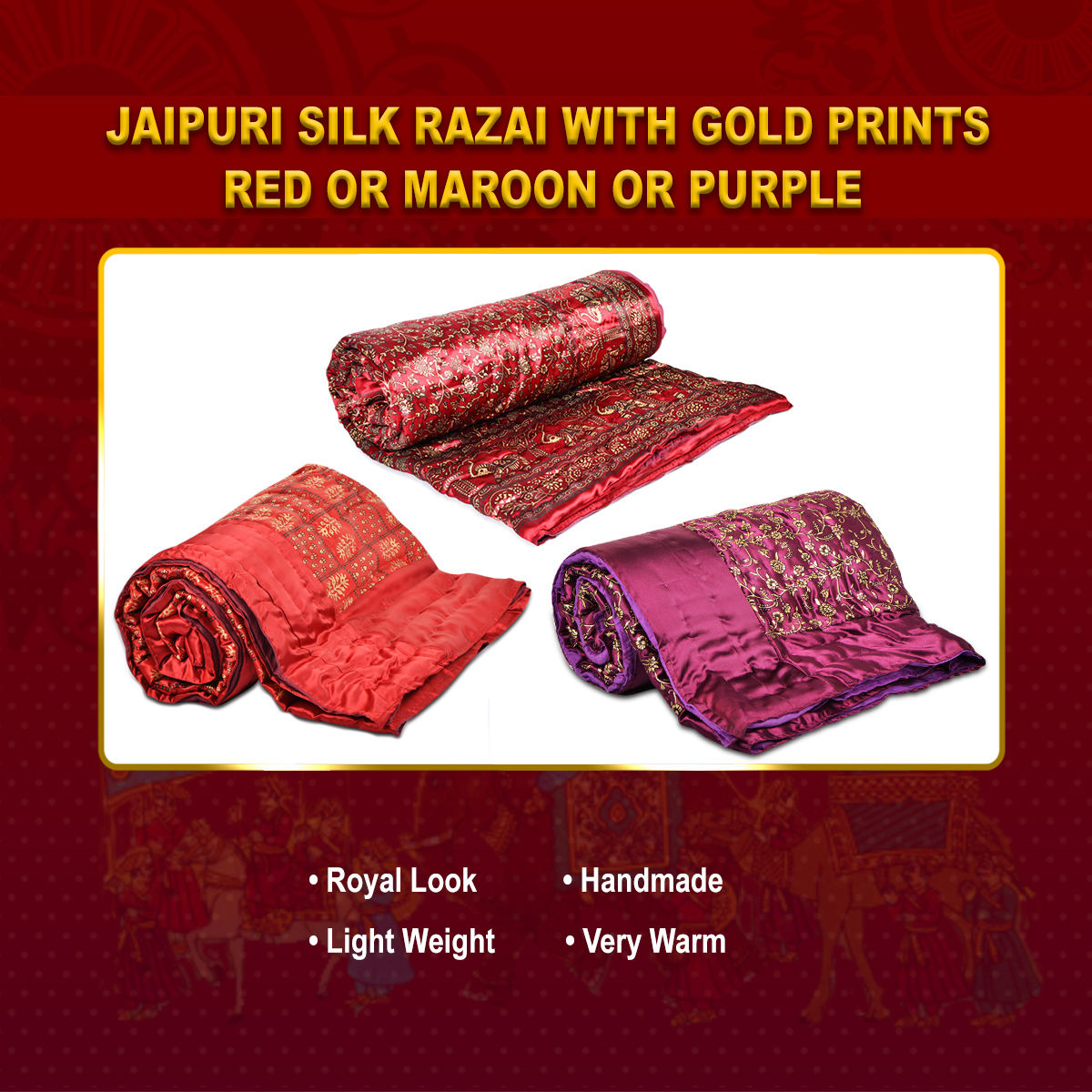 Buy Jaipuri Silk Razai with Gold Prints Red or Maroon or Purple