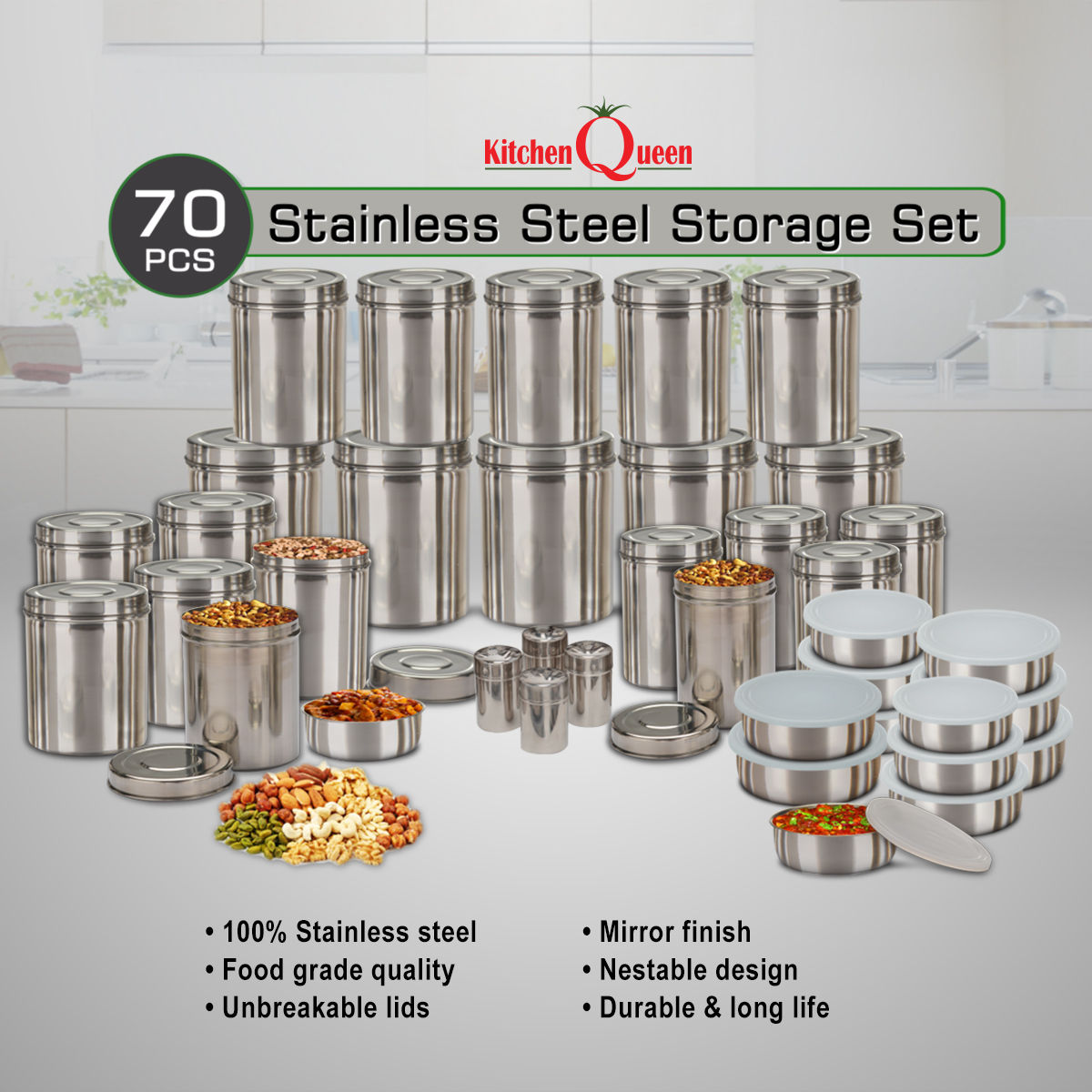 Buy Kitchen  Queen 70 Pcs Stainless Steel  Storage Set  