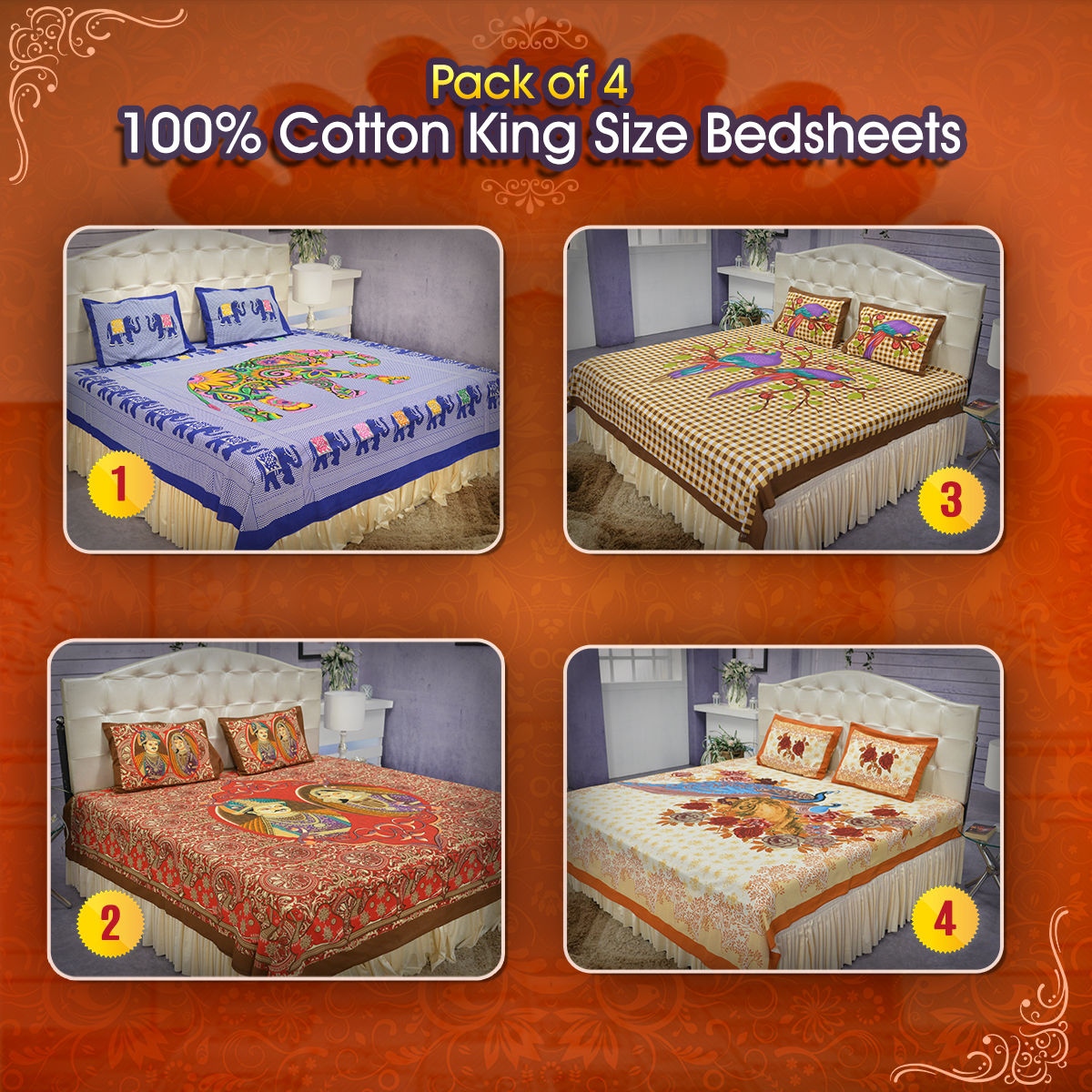 Buy Pack of 4 100 Cotton King Size Bedsheets (4DDBS6) Online at Best