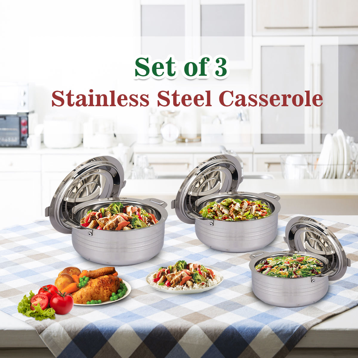 Buy Set of 3 Stainless Steel Casserole Online at Best Price in India on