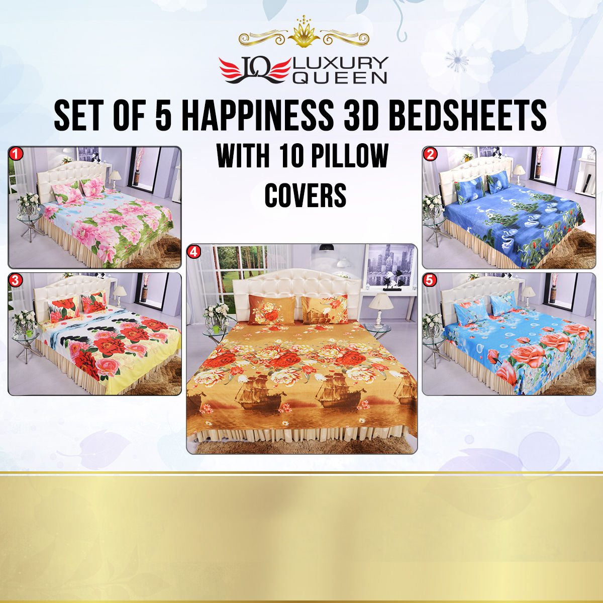 Buy Set of 5 Happiness 3D Bedsheets with 10 Pillow Covers (5BS37